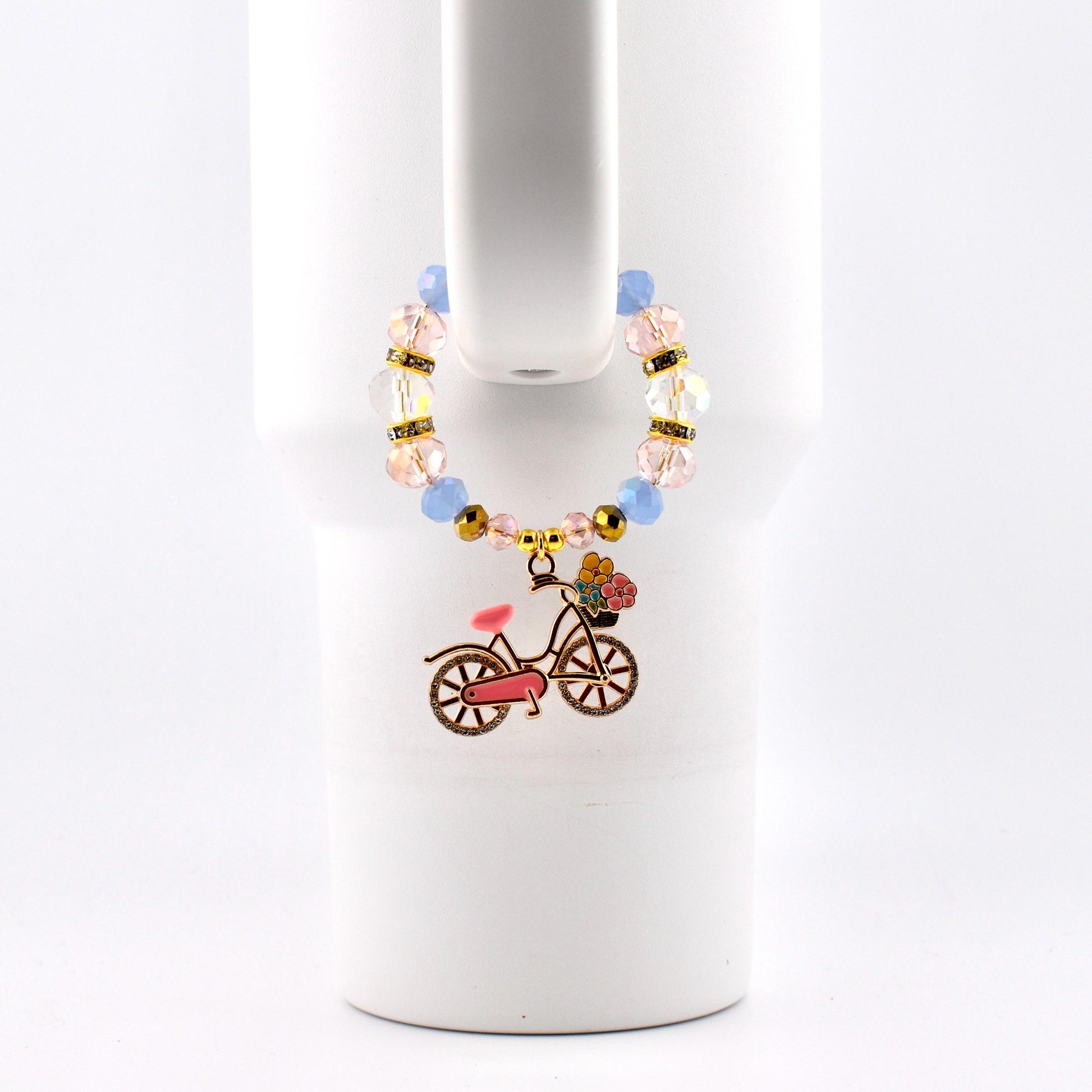 Tumbler Handle Bracelet with Rhinestone Bike Charm
