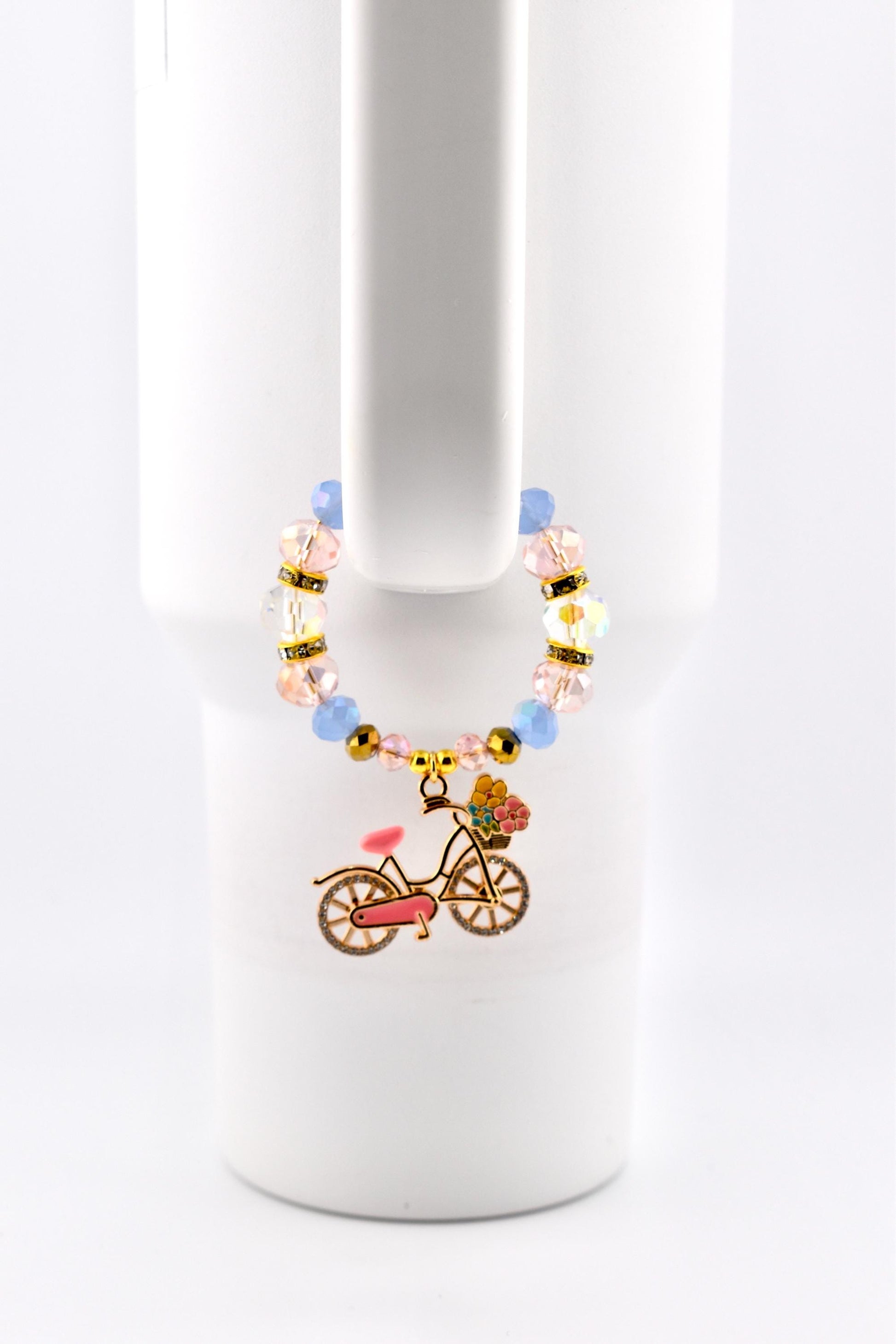 Tumbler Handle Bracelet with Rhinestone Bike Charm