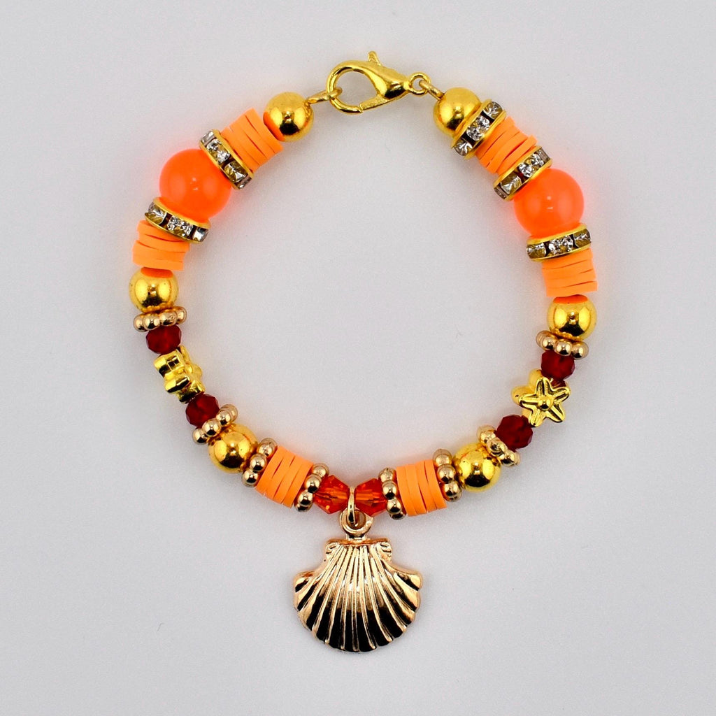 Orange Red and Gold Tumbler Handle Charm Bracelet with Shell Charm