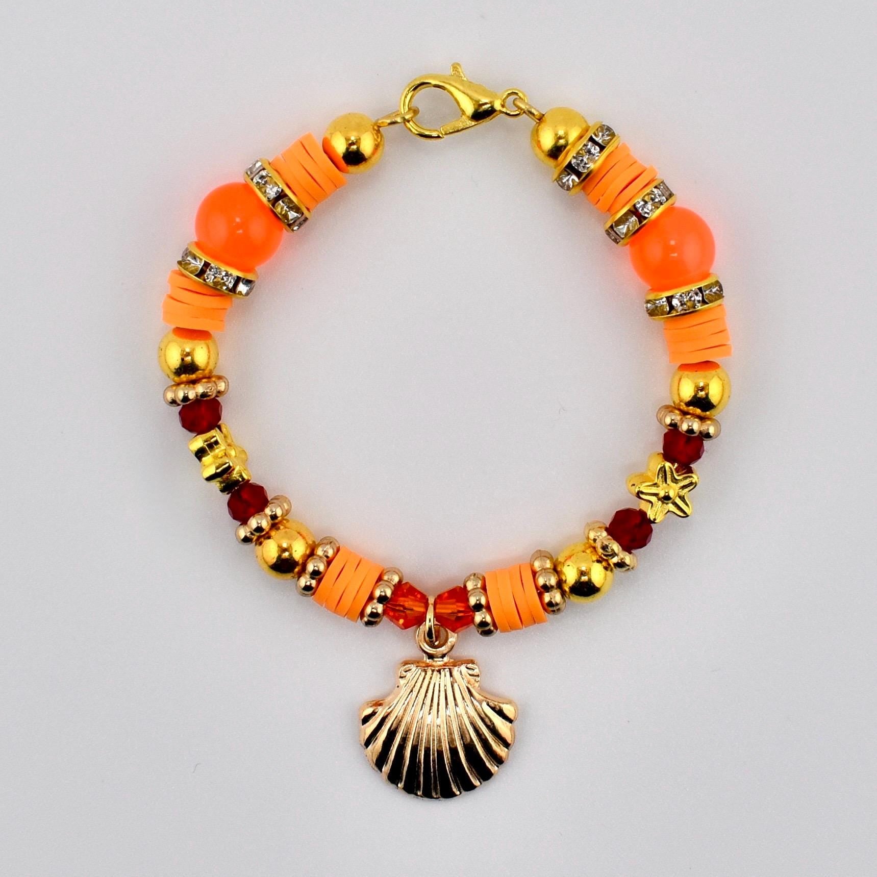 Orange Red and Gold Tumbler Handle Charm Bracelet with Shell Charm