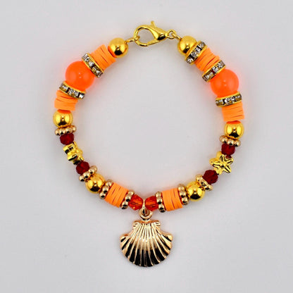 Orange Red and Gold Tumbler Handle Charm Bracelet with Shell Charm