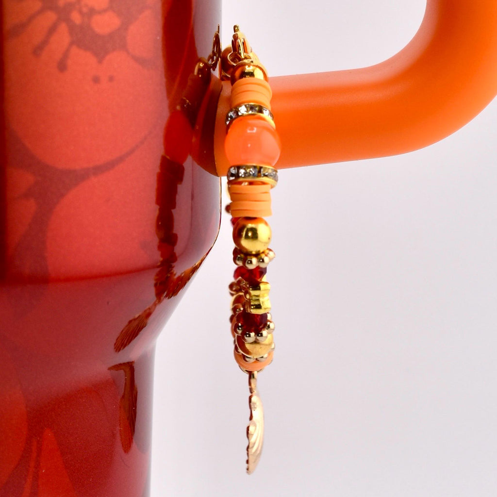 Orange Red and Gold Tumbler Handle Charm Bracelet with Shell Charm
