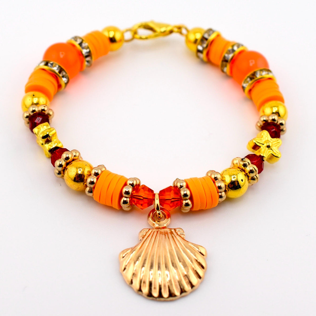 Orange Red and Gold Tumbler Handle Charm Bracelet with Shell Charm