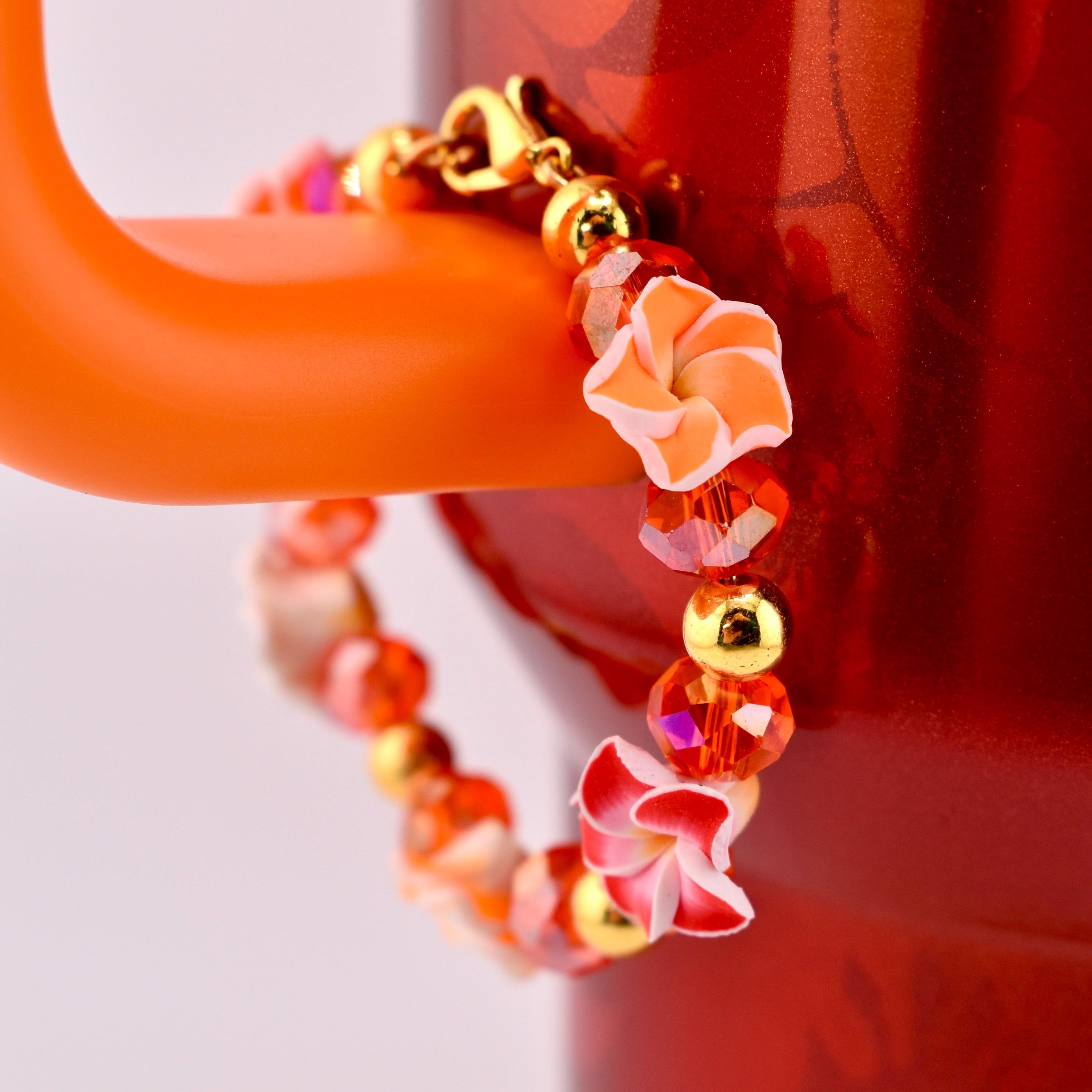 Orange Red Yellow and Gold Hibiscus Flower Tumbler Handle Charm Bracelet
