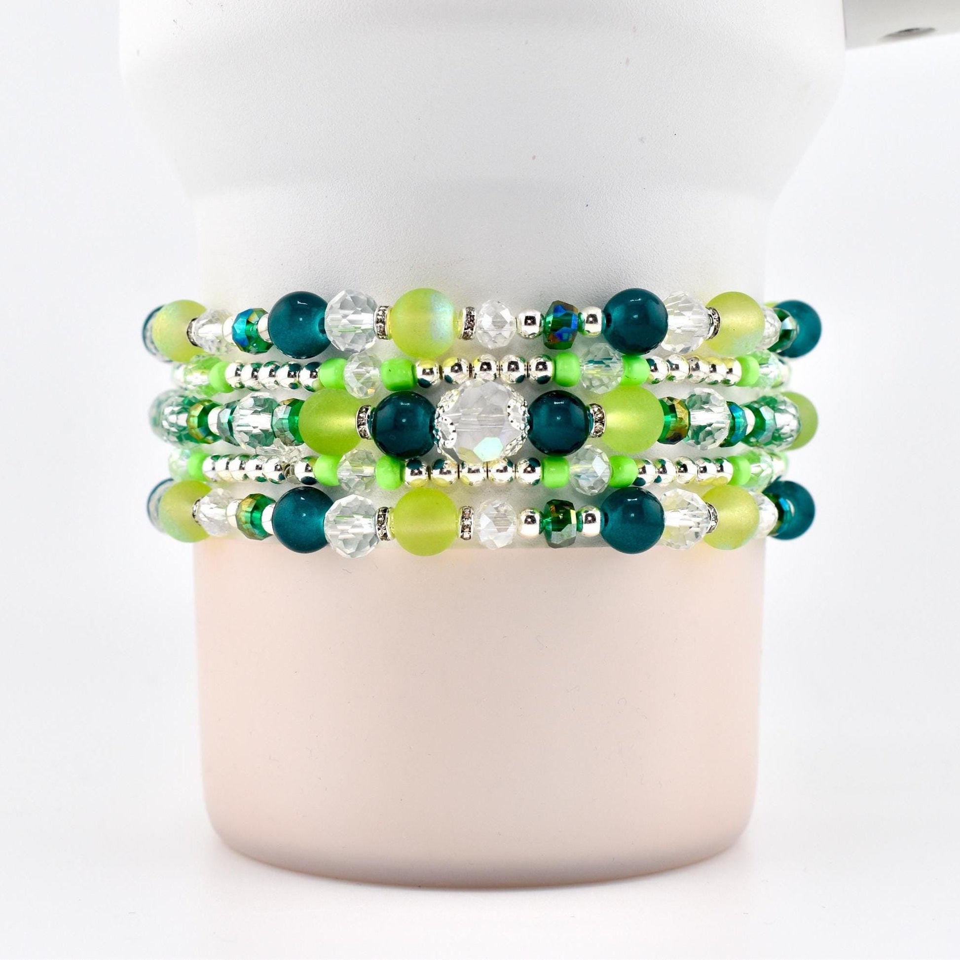 Coastal Teal Bracelet Collection: Dark Blue Green Beaded Bracelets with Silver Accents