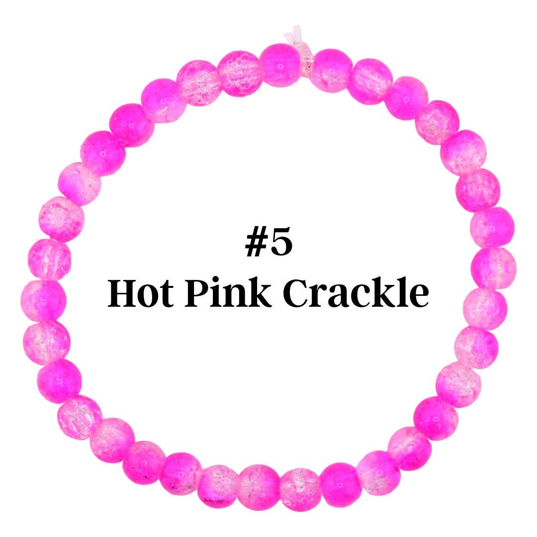 A hot pink crackle bead bracelet. The bracelet is made of small, round, hot pink beads. The text "#5 Hot Pink Crackle" is displayed in the center of the image.
