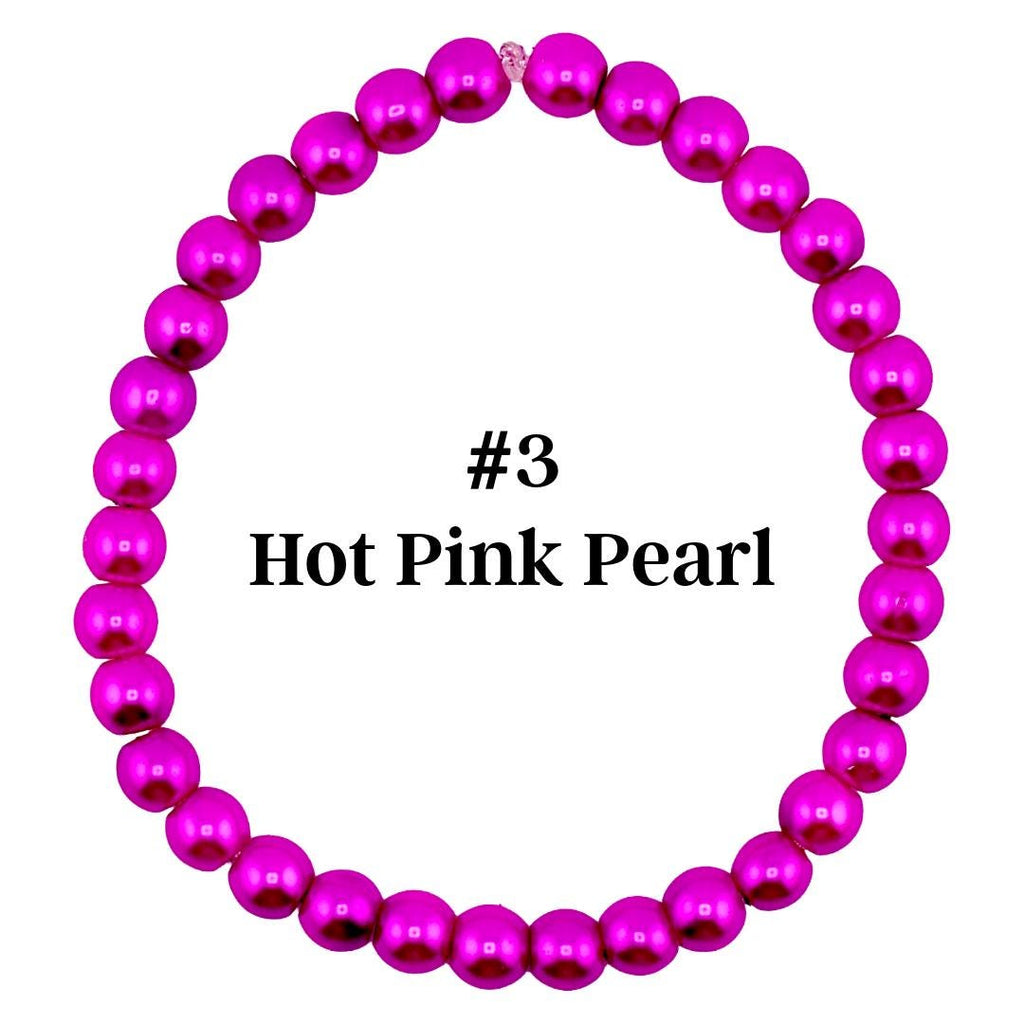 A hot pink pearl bracelet. The bracelet is made of round, glossy beads strung together. The text "#3 Hot Pink Pearl" is displayed in the center of the image.