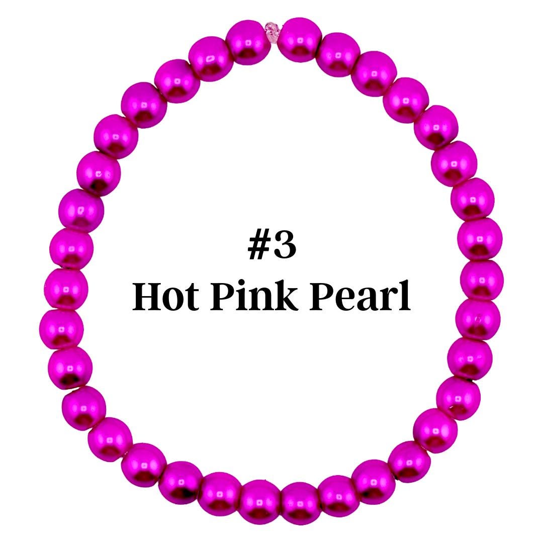 A hot pink pearl bracelet. The bracelet is made of round, glossy beads strung together. The text "#3 Hot Pink Pearl" is displayed in the center of the image.