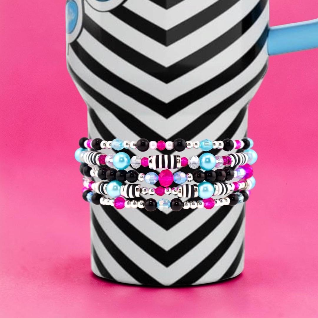 Barbie 1959 Collection Beaded Bracelets: Pink, Black, White, Blue, Silver Accents