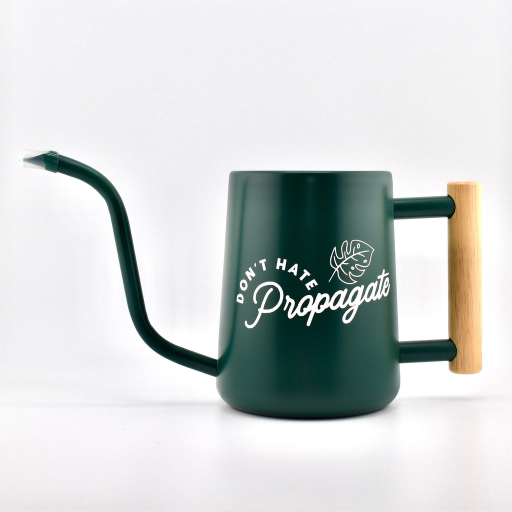 Metal Watering Can with Don't Hate Propagate and Monstera Leaf Design