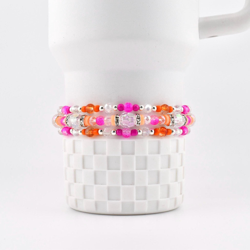 Pink Ginham Bracelet Collection: Pink and Orange Beaded Stretch Bracelets