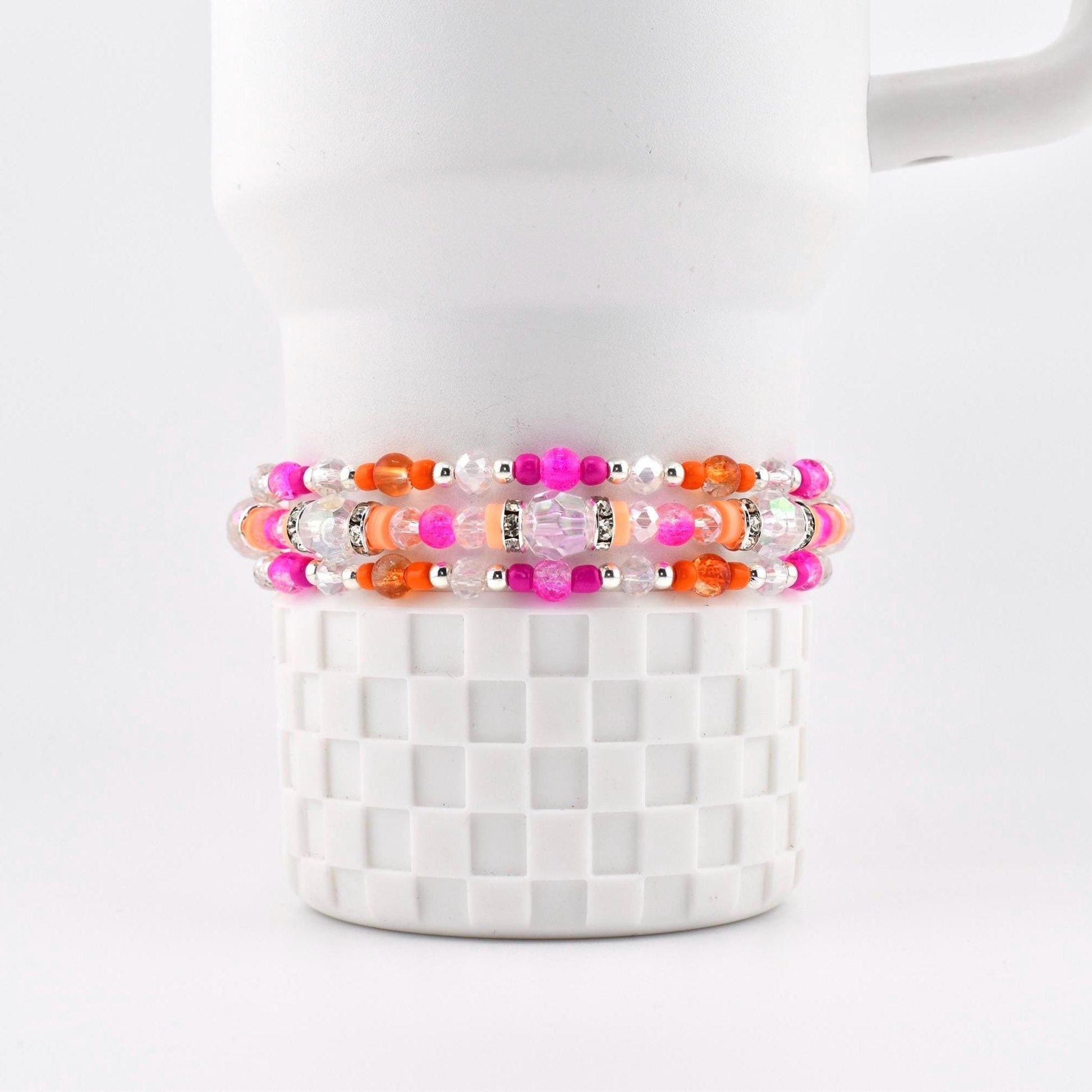 Peach Ginham Bracelet Collection: Pink and Orange Beaded Stretch Bracelets