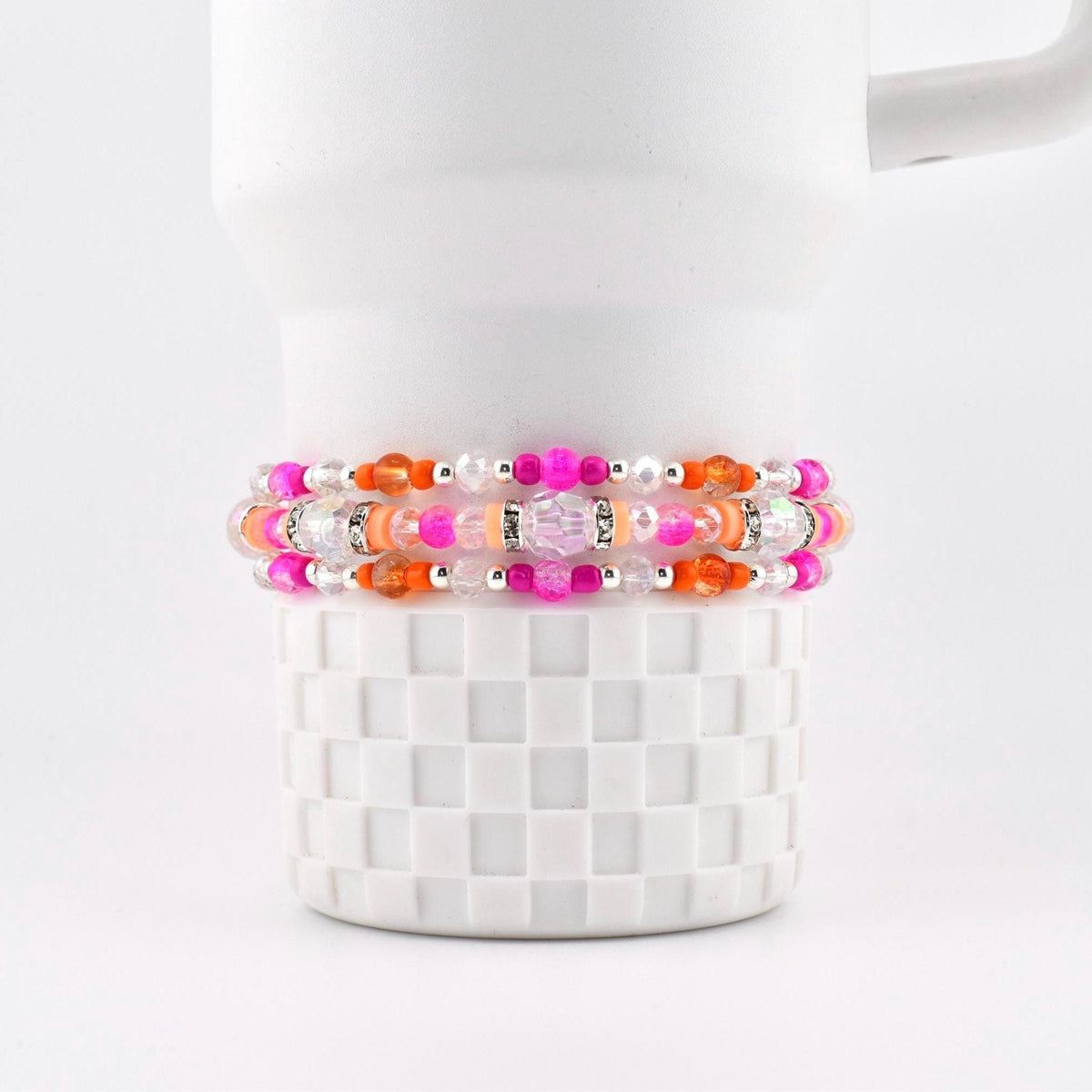 Pink Ginham Bracelet Collection: Pink and Orange Beaded Stretch Bracelets