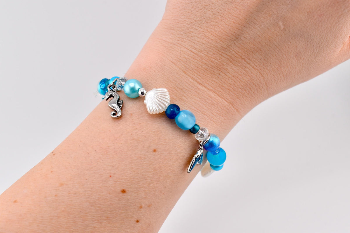 Coastal Charm Bracelet Collection: Teal Blue and Silver Beaded Bracelets with Beach Charms