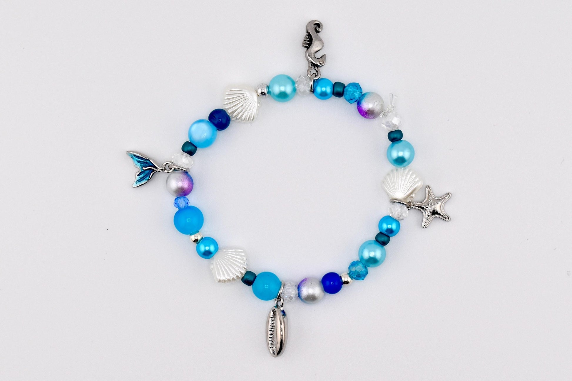 Coastal Charm Bracelet Collection: Teal Blue and Silver Beaded Bracelets with Beach Charms