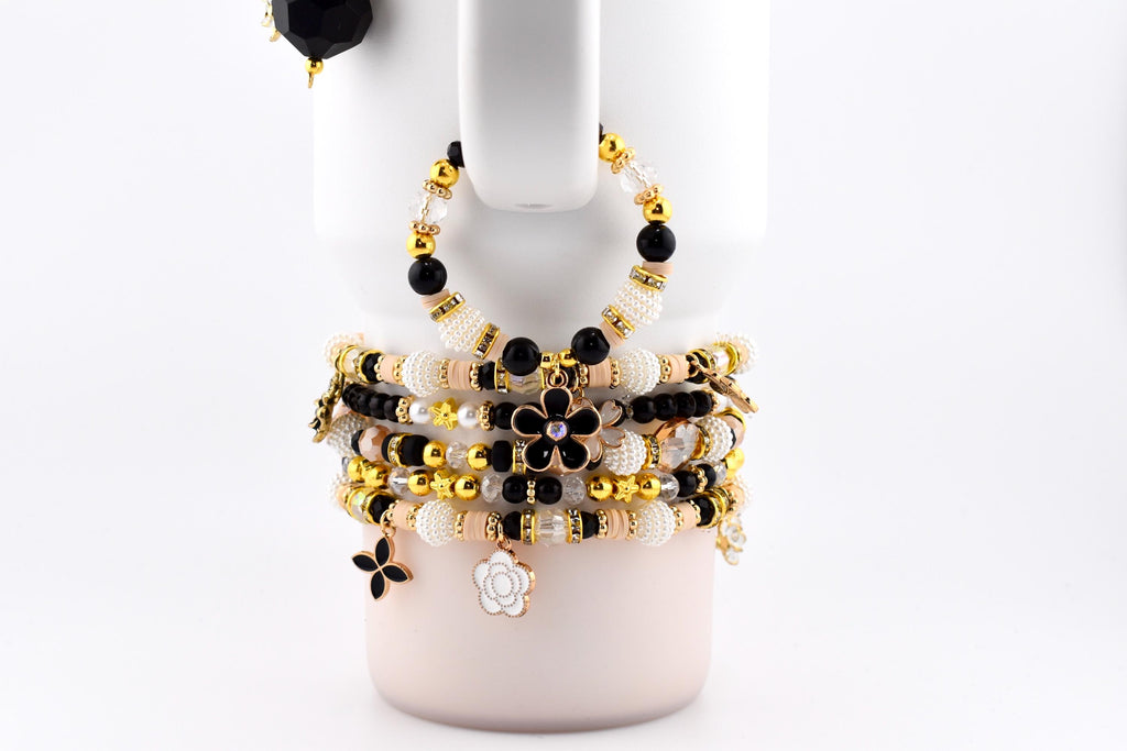 Wild Blooms Flower Charm Bracelet Collection: Black, Cream and Gold Beaded Bracelets