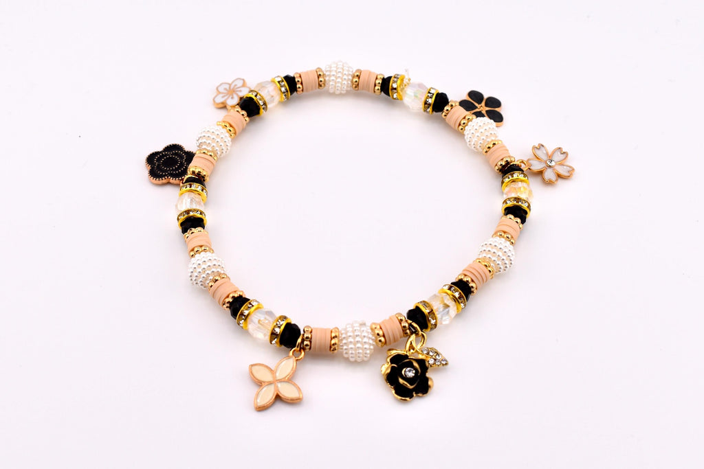 Wild Blooms Flower Charm Bracelet Collection: Black, Cream and Gold Beaded Bracelets
