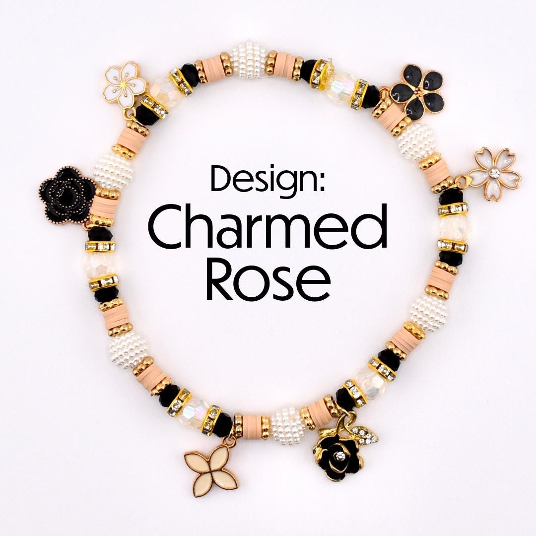 Wild Blooms Flower Charm Bracelet Collection: Black, Cream and Gold Beaded Bracelets