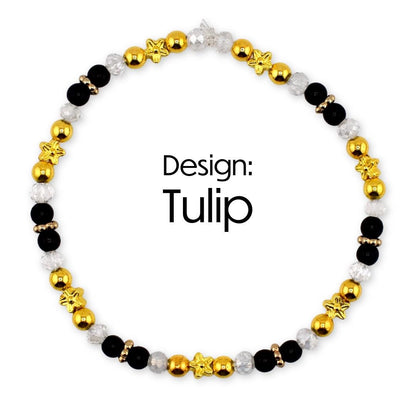 Wild Blooms Flower Charm Bracelet Collection: Black, Cream and Gold Beaded Bracelets