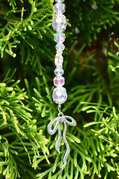 Set of 5 Crystal Beaded Bow Christmas Tree Ornaments | Coquette Christmas Decor | Glass Bead Icicle Ornaments | Silver Bow Charm Tree Trim