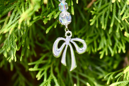 Set of 5 Crystal Beaded Bow Christmas Tree Ornaments | Coquette Christmas Decor | Glass Bead Icicle Ornaments | Silver Bow Charm Tree Trim