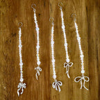 Set of 5 Crystal Beaded Icicle Ornaments | Silver Bow Charm Christmas Tree Decor