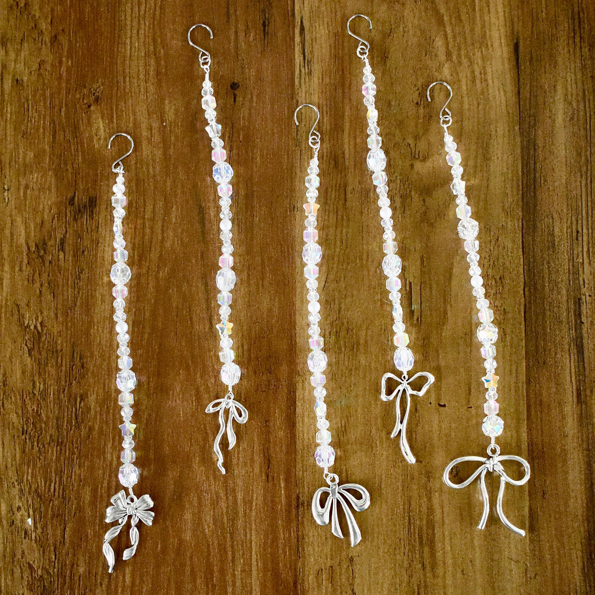 Set of 5 Crystal Beaded Icicle Ornaments | Silver Bow Charm Christmas Tree Decor
