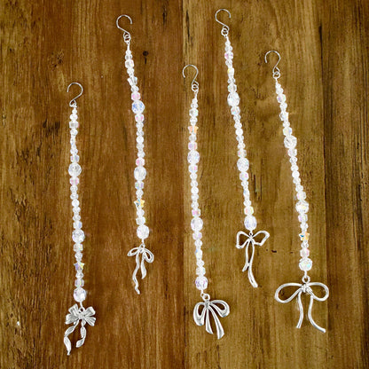 Set of 5 Crystal Beaded Bow Christmas Tree Ornaments | Coquette Christmas Decor | Glass Bead Icicle Ornaments | Silver Bow Charm Tree Trim