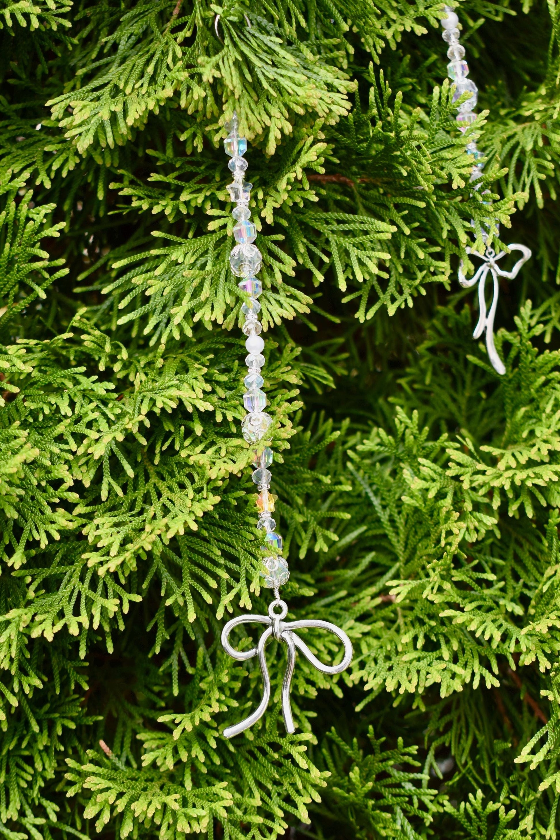Set of 5 Crystal Beaded Bow Christmas Tree Ornaments | Coquette Christmas Decor | Glass Bead Icicle Ornaments | Silver Bow Charm Tree Trim