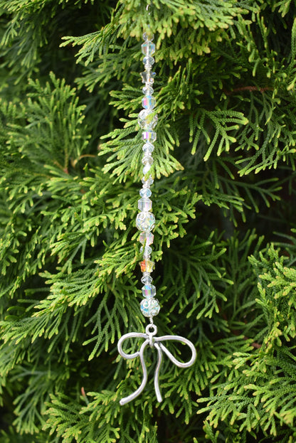 Set of 5 Crystal Beaded Bow Christmas Tree Ornaments | Coquette Christmas Decor | Glass Bead Icicle Ornaments | Silver Bow Charm Tree Trim