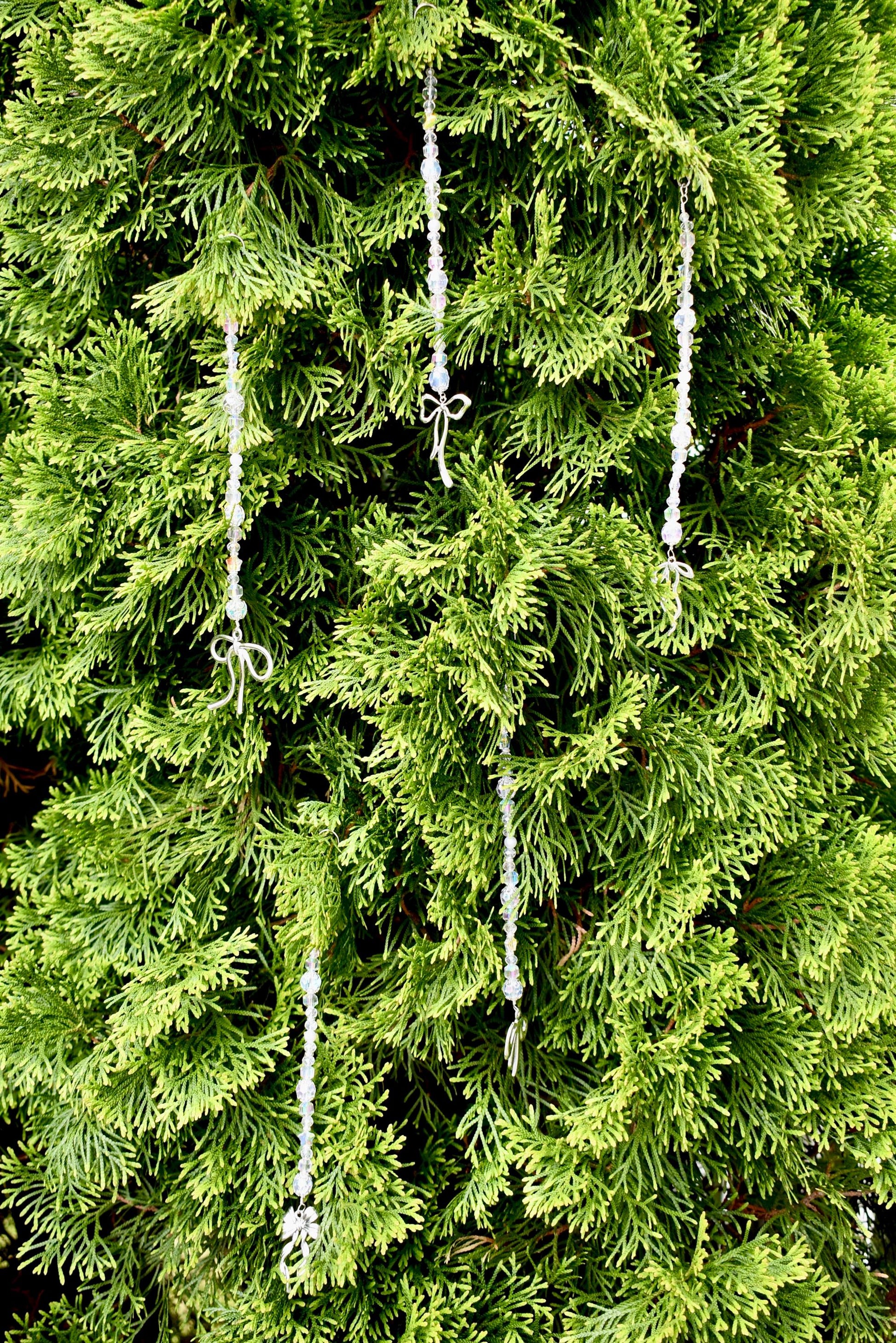 Set of 5 Crystal Beaded Bow Christmas Tree Ornaments | Coquette Christmas Decor | Glass Bead Icicle Ornaments | Silver Bow Charm Tree Trim