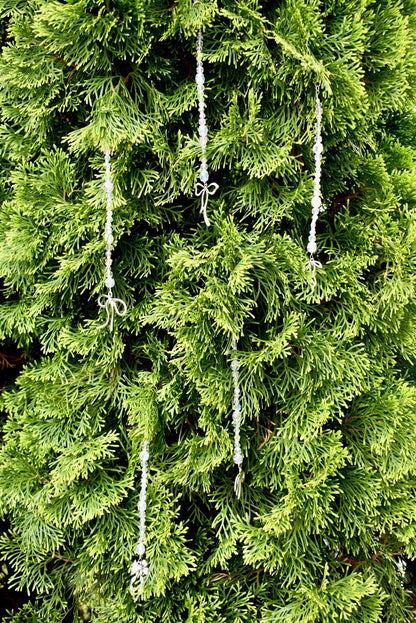 Set of 5 Crystal Beaded Bow Christmas Tree Ornaments | Coquette Christmas Decor | Glass Bead Icicle Ornaments | Silver Bow Charm Tree Trim
