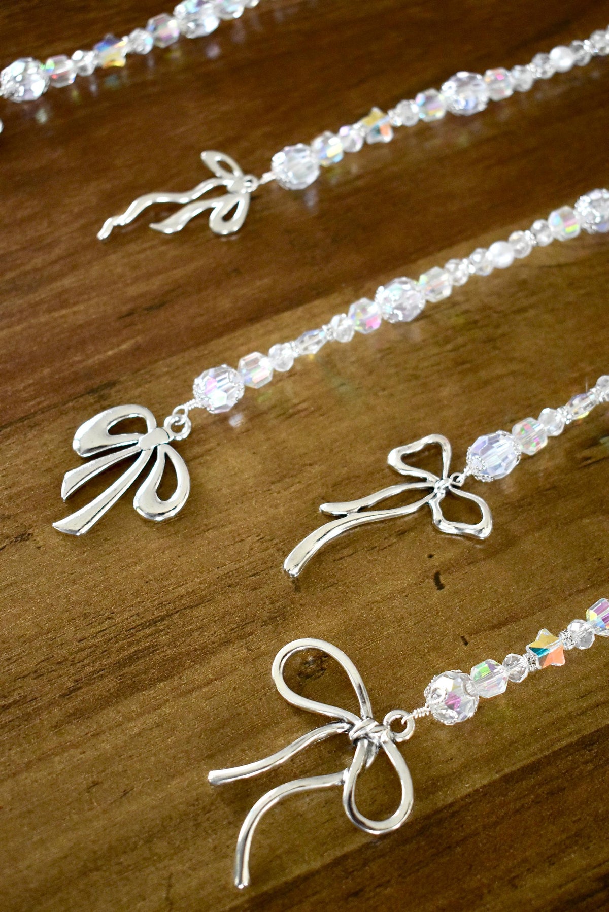 Set of 5 Crystal Beaded Icicle Ornaments | Silver Bow Charm Christmas Tree Decor