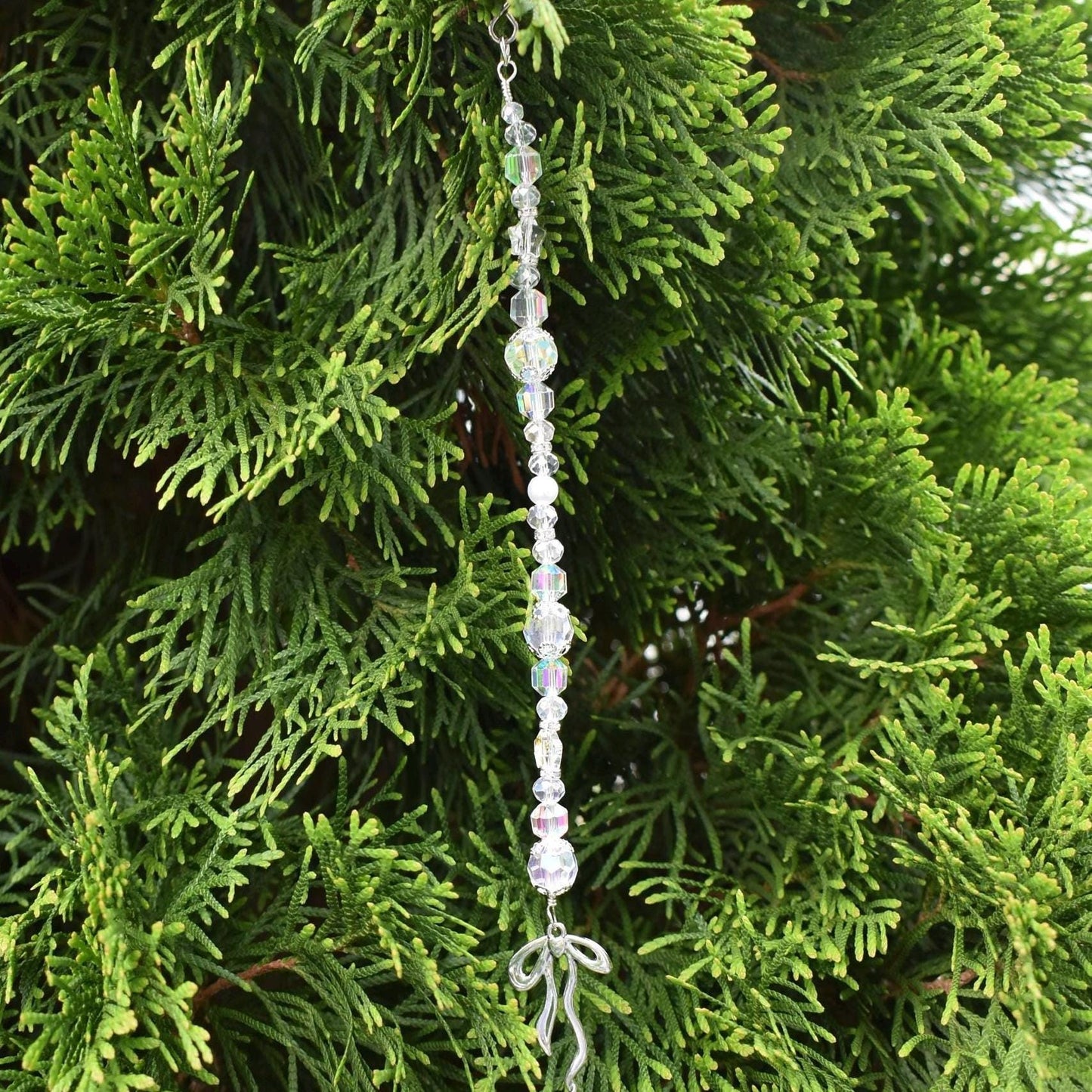 Set of 5 Crystal Beaded Bow Christmas Tree Ornaments | Coquette Christmas Decor | Glass Bead Icicle Ornaments | Silver Bow Charm Tree Trim