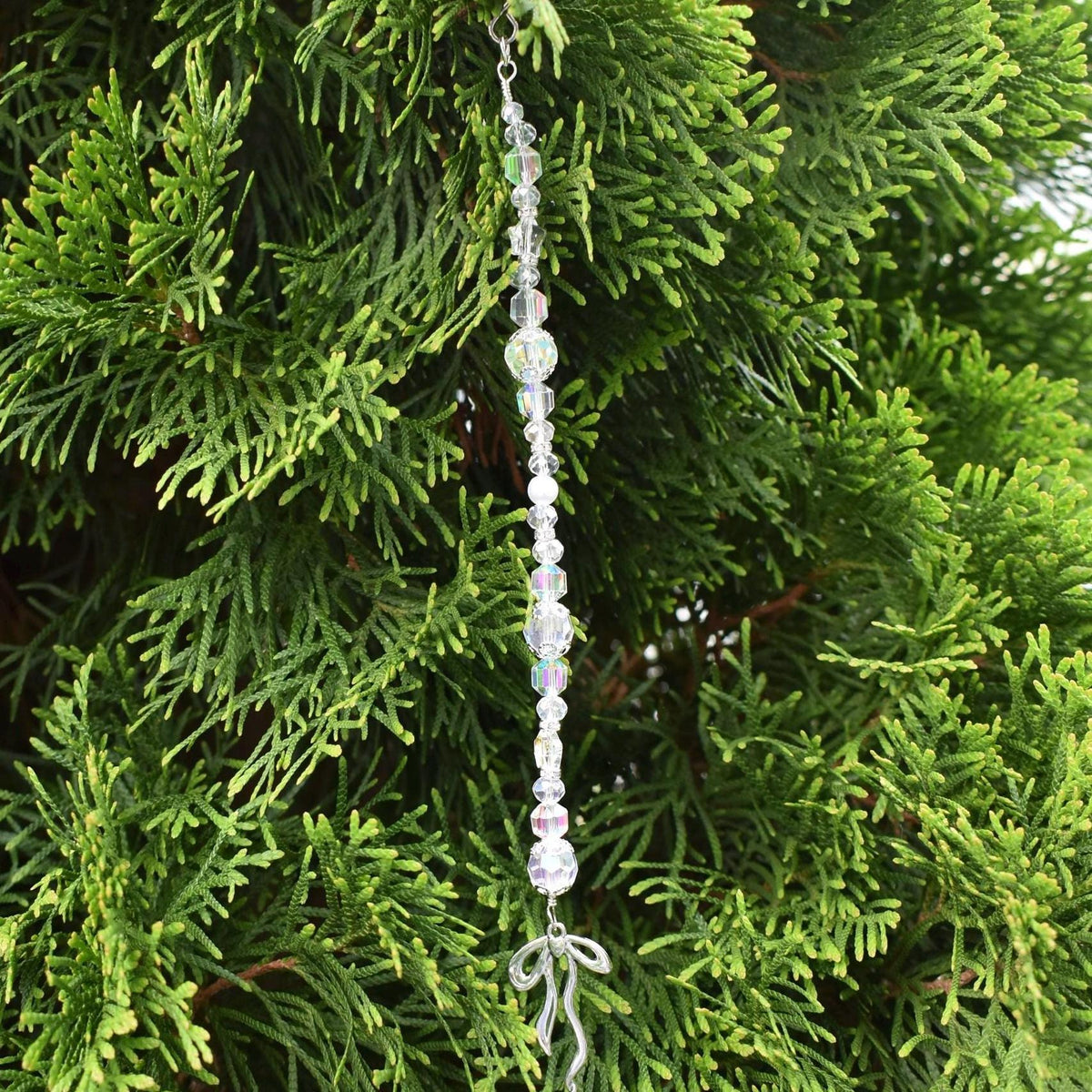 Set of 5 Crystal Beaded Icicle Ornaments | Silver Bow Charm Christmas Tree Decor