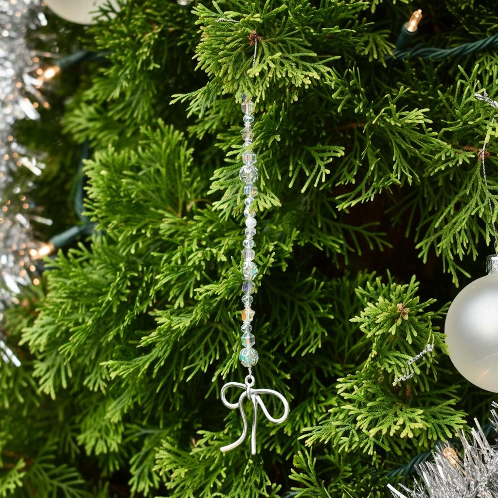 Set of 5 Crystal Beaded Bow Christmas Tree Ornaments | Coquette Christmas Decor | Glass Bead Icicle Ornaments | Silver Bow Charm Tree Trim