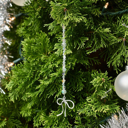 Set of 5 Crystal Beaded Bow Christmas Tree Ornaments | Coquette Christmas Decor | Glass Bead Icicle Ornaments | Silver Bow Charm Tree Trim