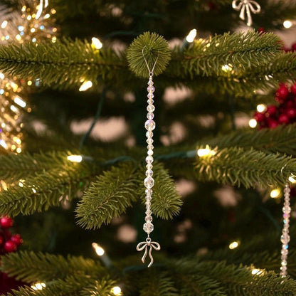 Set of 5 Crystal Beaded Bow Christmas Tree Ornaments | Coquette Christmas Decor | Glass Bead Icicle Ornaments | Silver Bow Charm Tree Trim