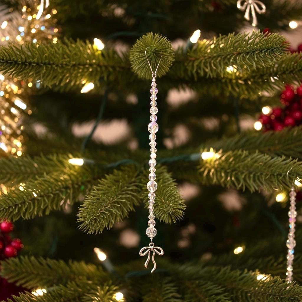 Set of 5 Crystal Beaded Icicle Ornaments | Silver Bow Charm Christmas Tree Decor