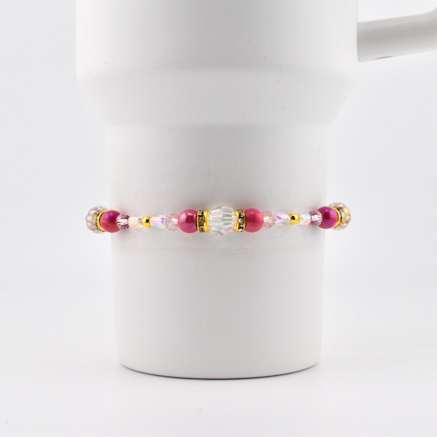 Pink Gingham Bracelet: Pink and Gold Beaded Bracelet