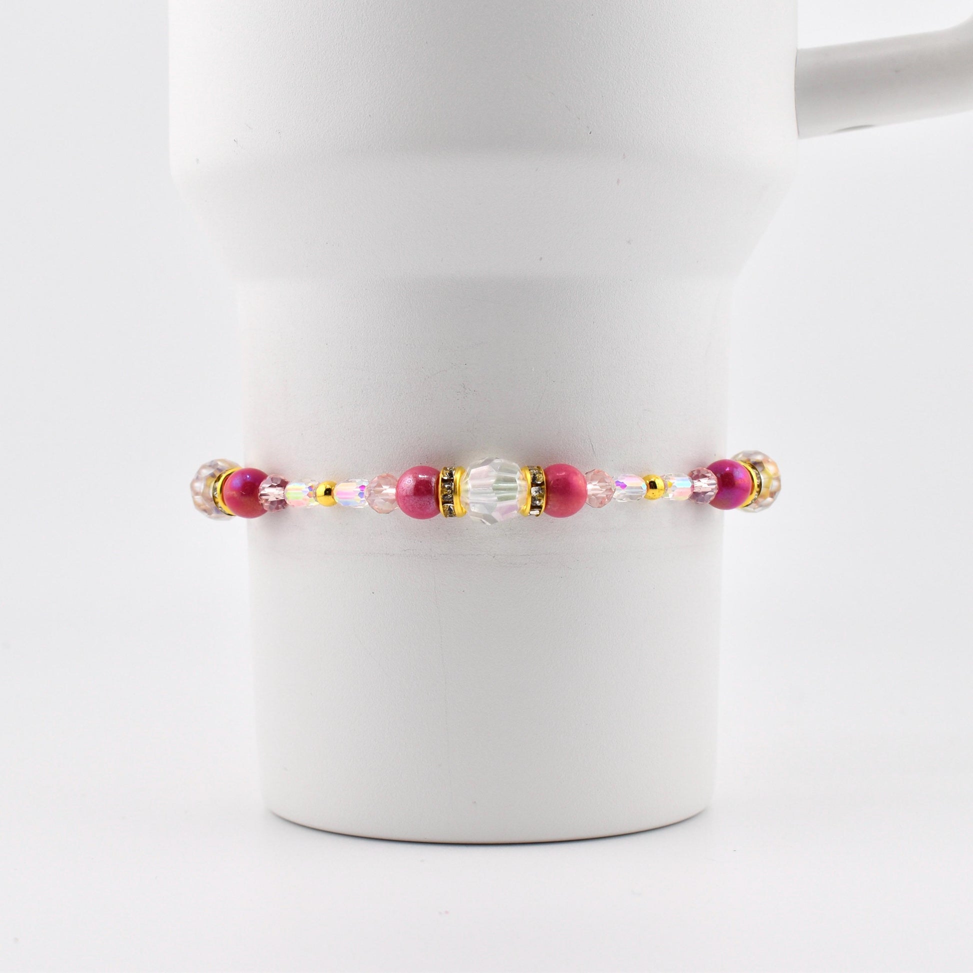 Pink Gingham Bracelet: Pink and Gold Beaded Bracelet