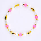 Pink Gingham Heart Beaded Stretch Bracelet with Gold Accents