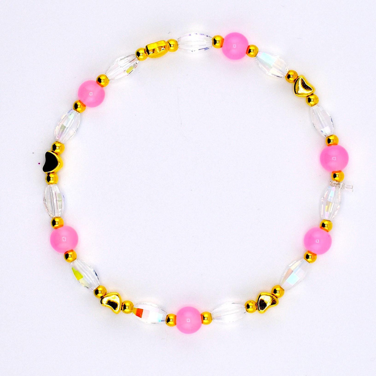 Pink Gingham Heart Beaded Stretch Bracelet with Gold Accents