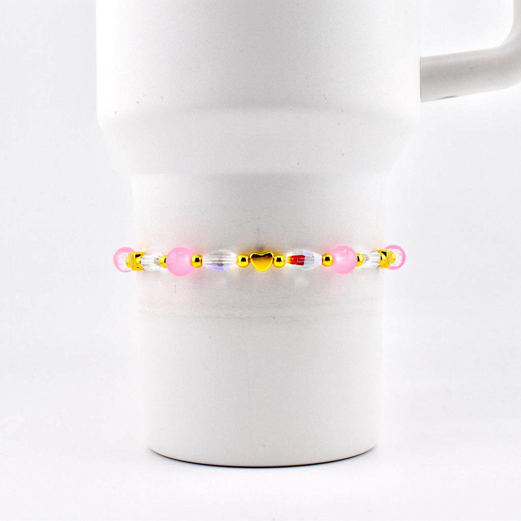 Pink Gingham Heart Beaded Stretch Bracelet with Gold Accents