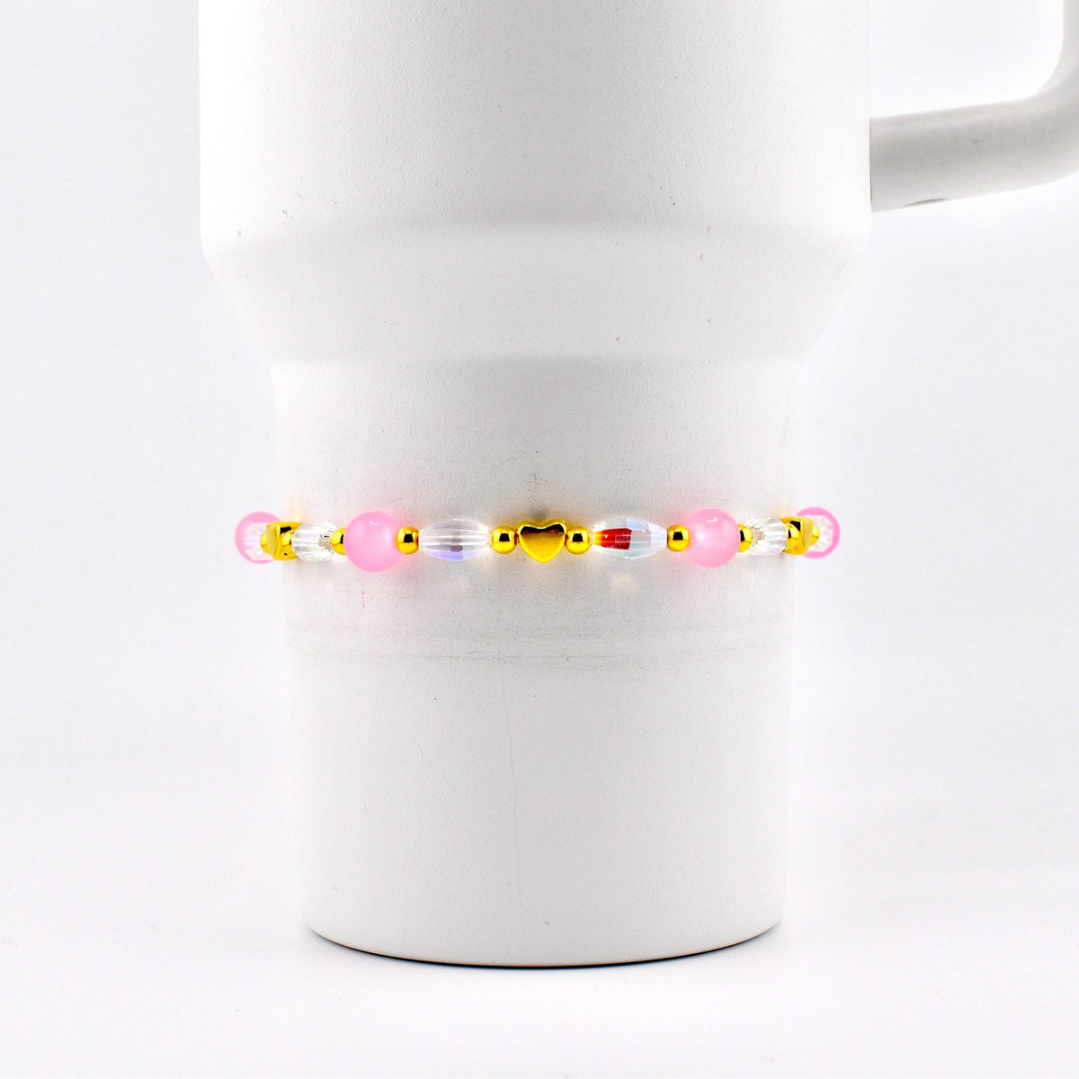 Pink Gingham Heart Beaded Stretch Bracelet with Gold Accents