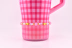 Pink Gingham Heart Beaded Stretch Bracelet with Gold Accents