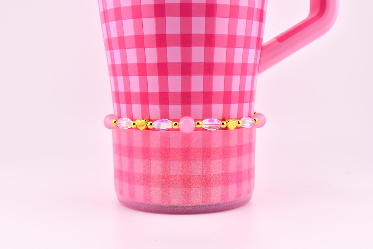 Pink Gingham Heart Beaded Stretch Bracelet with Gold Accents