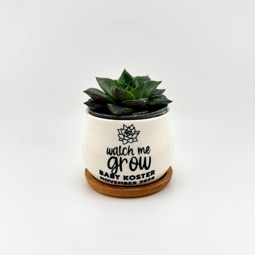 Personalized Ceramic Pot Baby Shower Favor Custom Name Planter Watch Me Grow Mini Plant Container Bamboo Tray Set White Glazed Finish Nursery Decoration Meaningful Keepsake Gift Unique Favor Idea Special Memory Token Plant Lover Gift