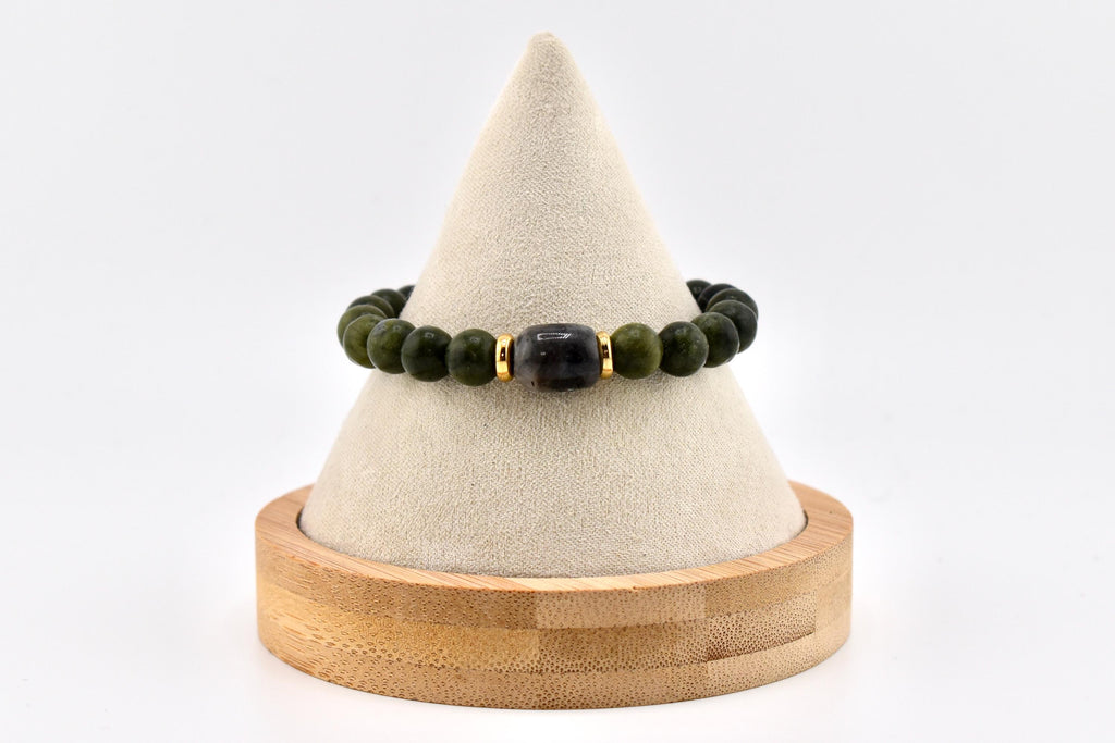 Green Nephrite Jade Beaded Bracelet, Gold Accents, Boho Stone Jewelry