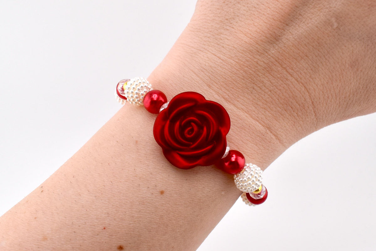 Red Rose and Pearl Beaded Bracelet